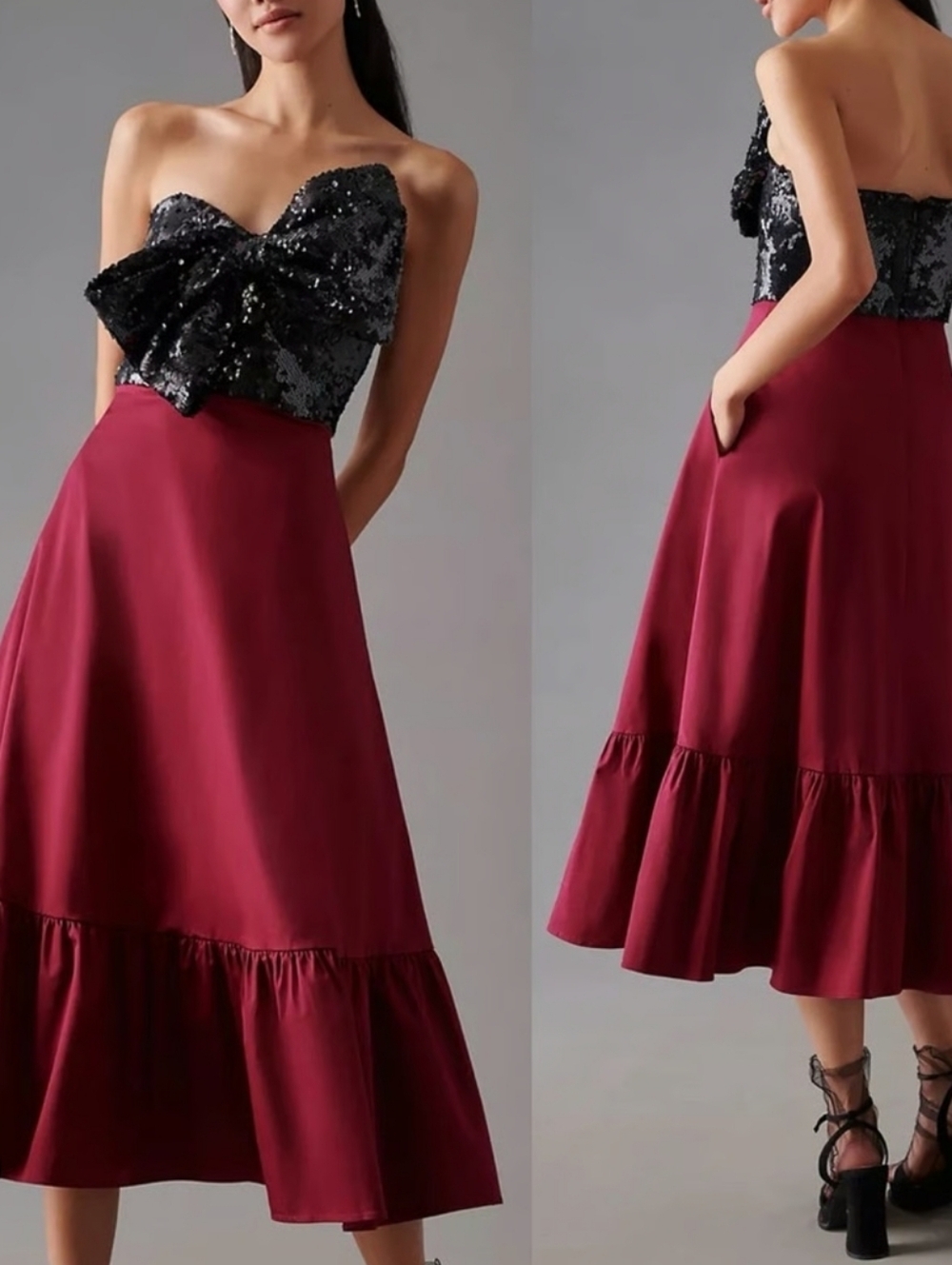 Michaels Strapless Sequin Bow Bodice Burgundy Midi Skirt